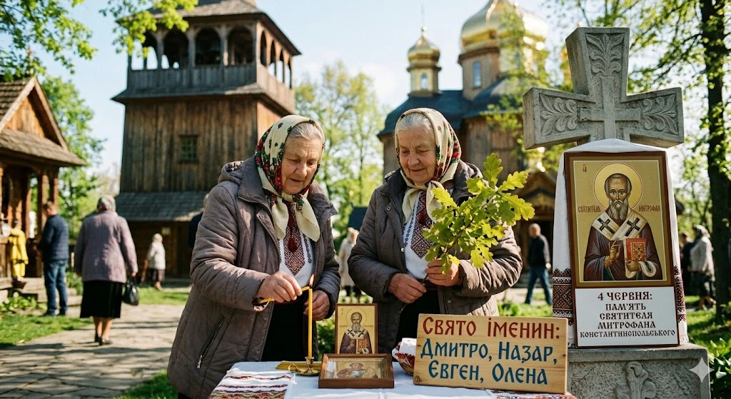Літні українки біля дерев'яної церкви