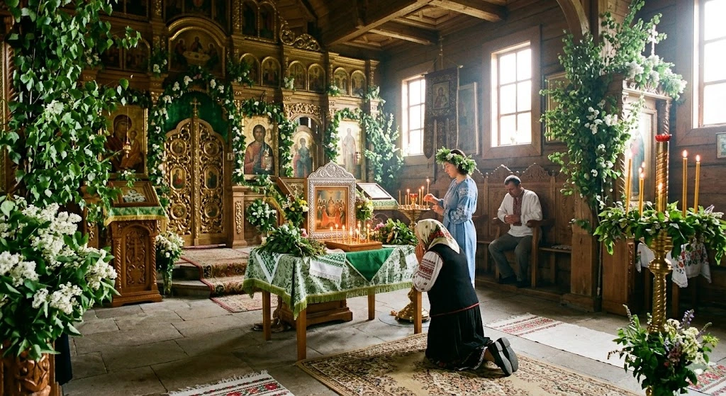 Молитва в украшенном храме