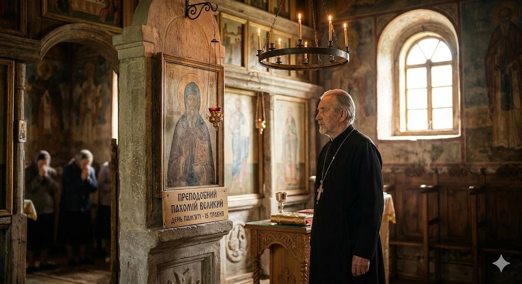 Священник у дерев'яній церкві