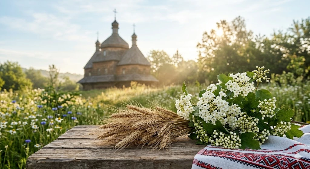 Церковь, колосья, калина