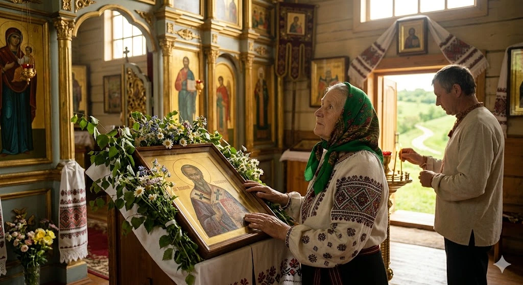 Женщина молится перед иконой