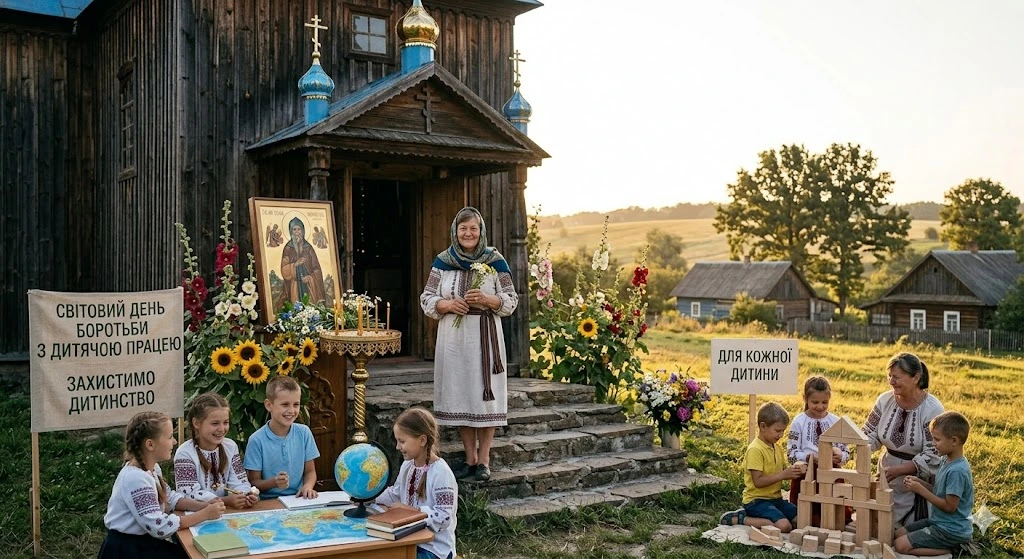 Дети у деревянной церкви