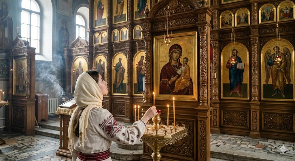 Девушка ставит свечу в храме