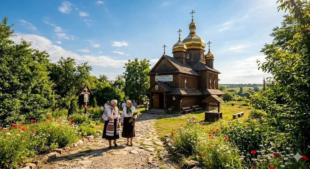 Две женщины идут в церковь