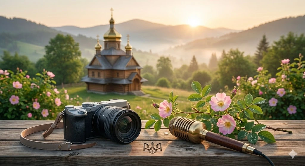 Карпатський краєвид, церква, техніка