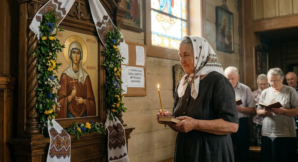 Ікона та вірянка в церкві