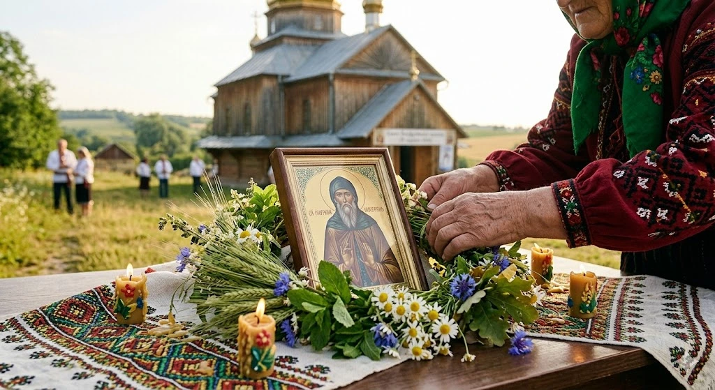 Покладання квітів навколо ікони