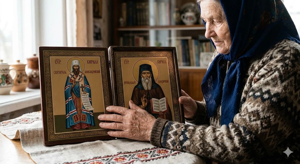 Пожилая женщина с иконами