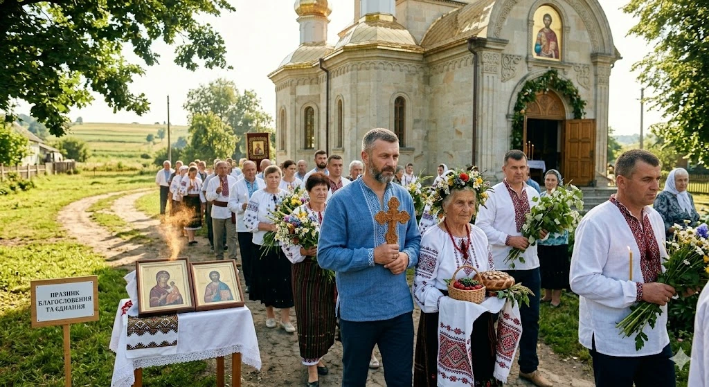 Прихожани на колінах з хлібом
