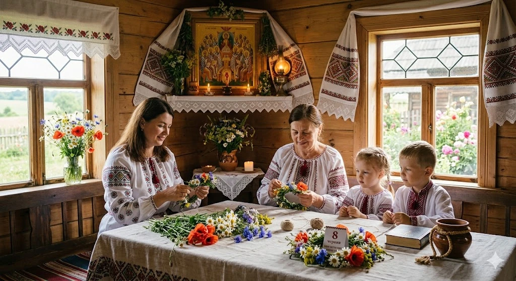 Родина плете квіткові вінки