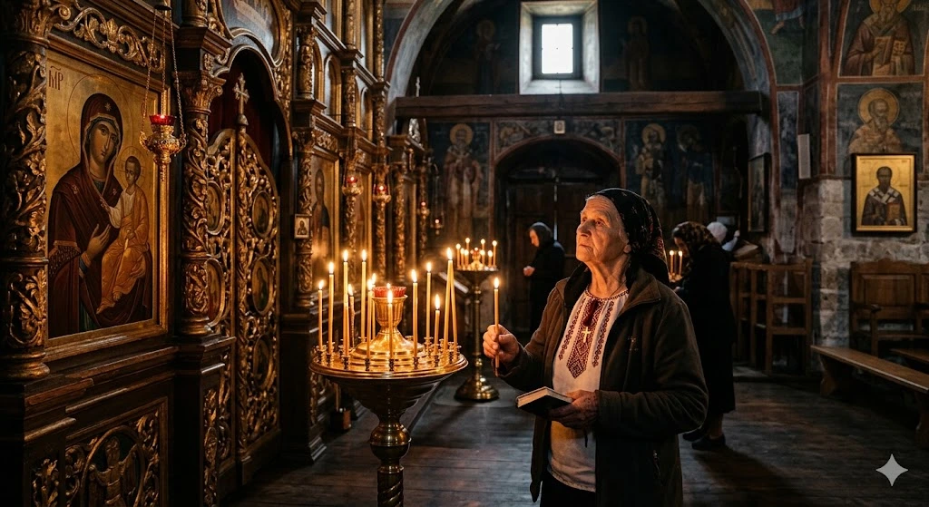 Старушка молится в церкви
