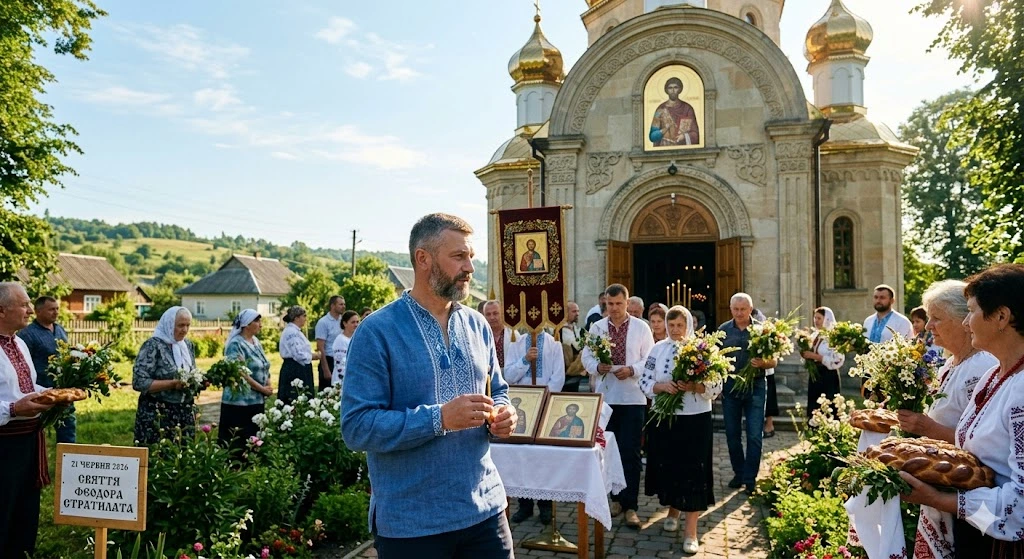 Священик з іконами біля храму