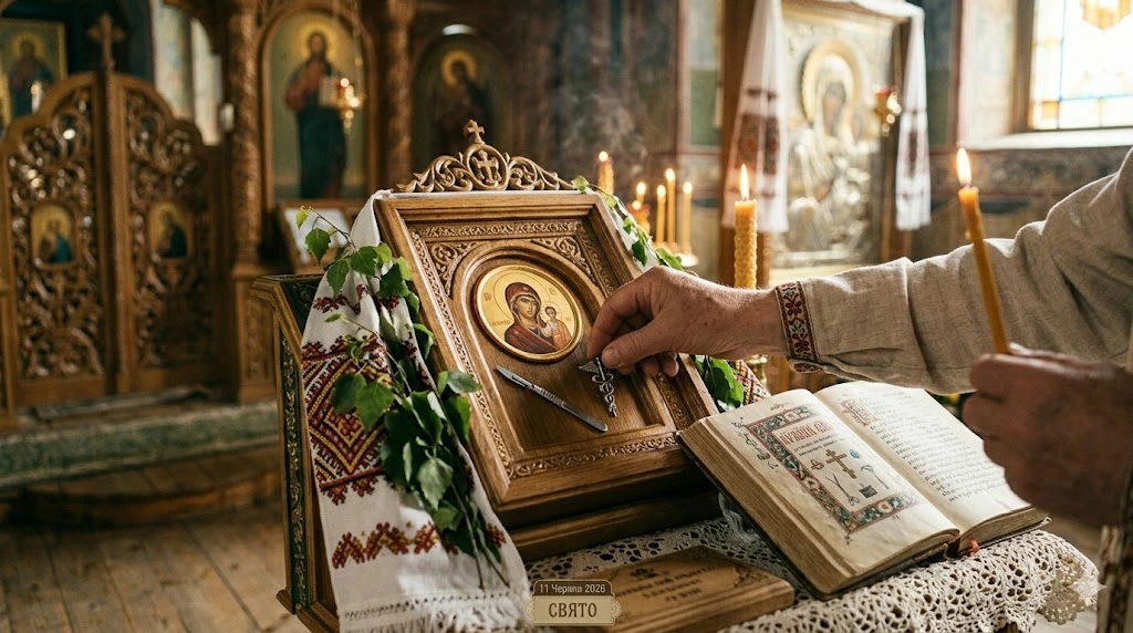 Священник украшает праздничную икону