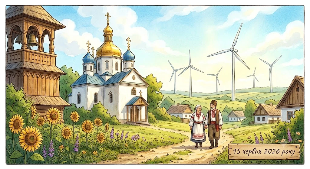 Украинский пейзаж, церковь, ветряки