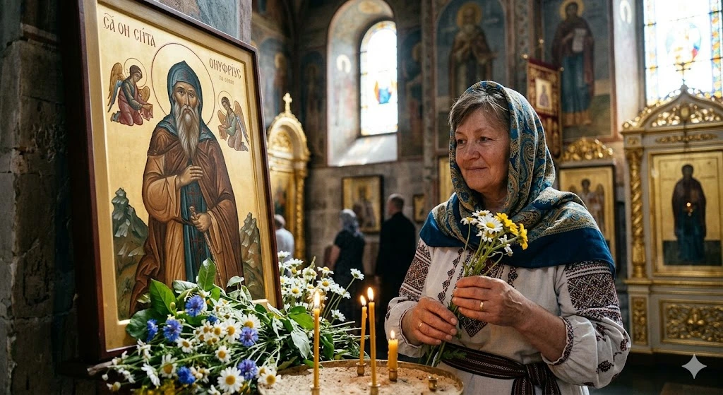 Женщина в церкви с цветами