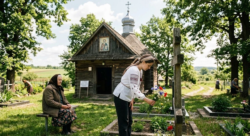 Жінка біля дерев'яної церкви