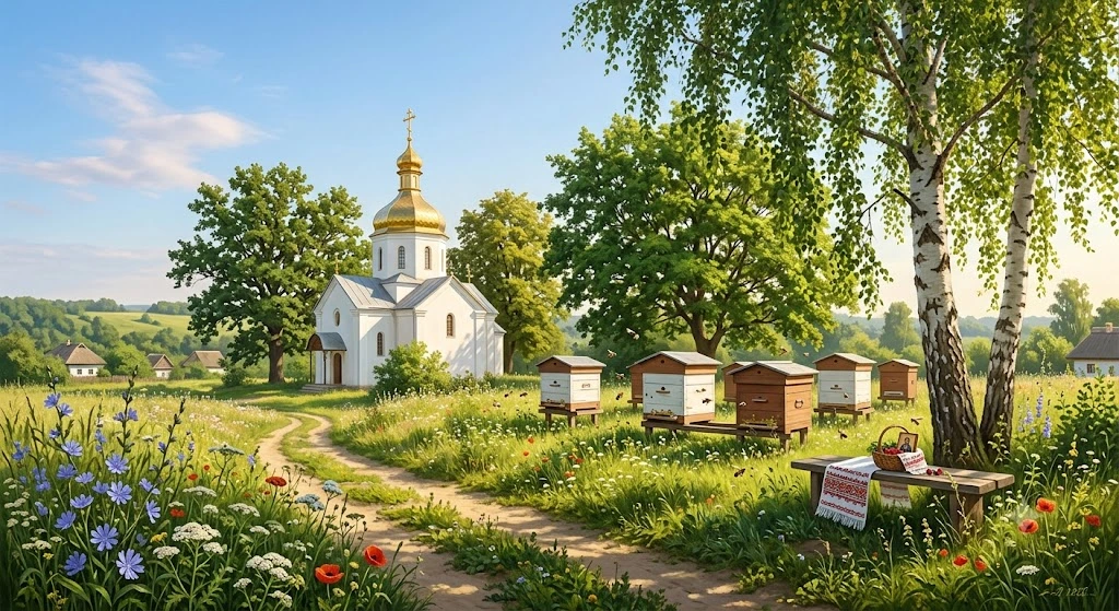Храм, пасека, поле, лето