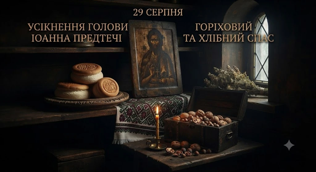 Икона, хлеб, орехи, свеча