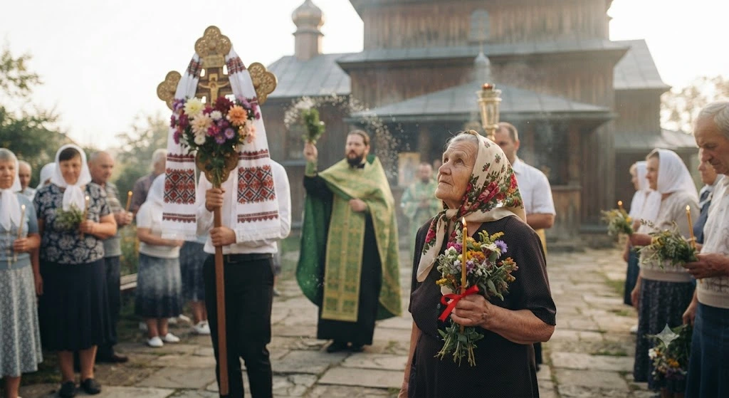 Крестный ход у деревянной церкви