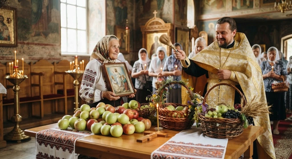 Освящение яблок в церкви