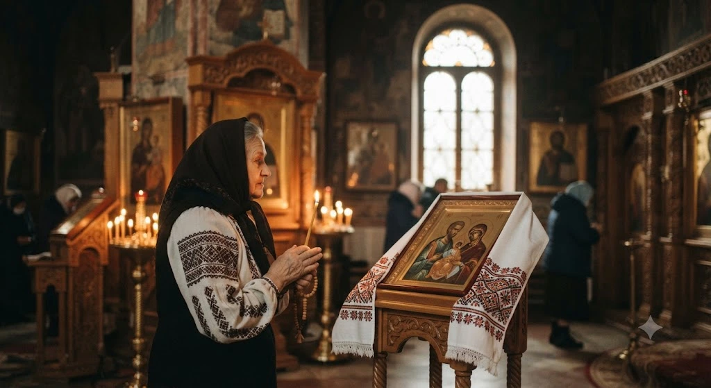 Пожилая женщина молится в церкви