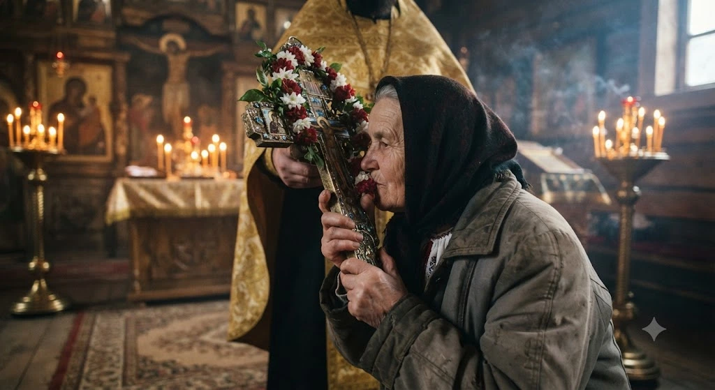 Пожилая женщина целует крест