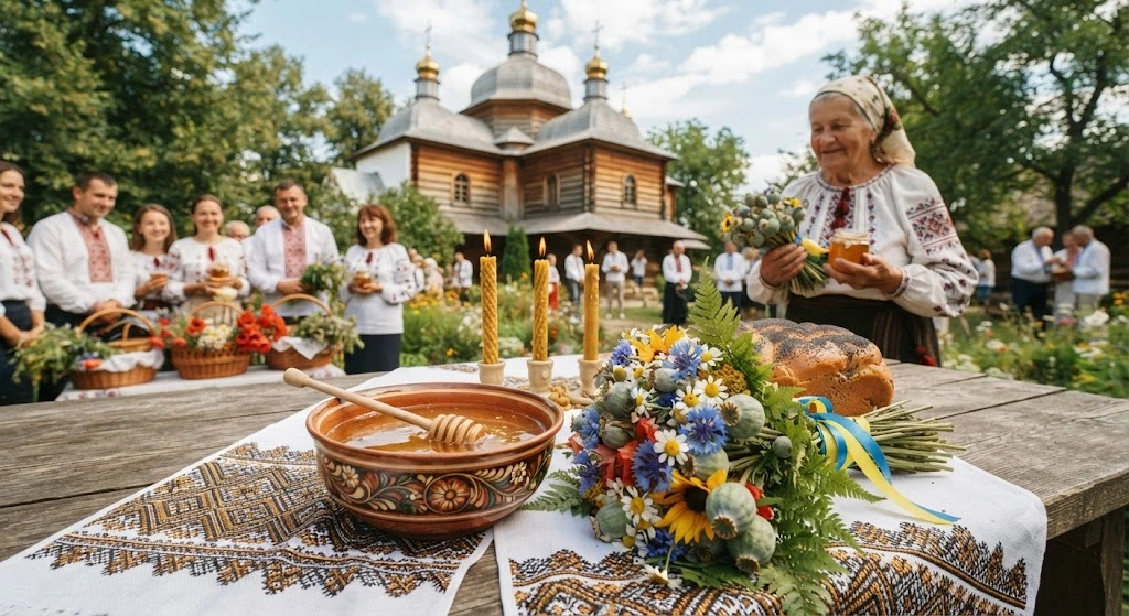 Празднование Медового Спаса у церкви