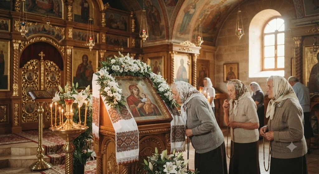 Прихожане в церкви молятся иконе