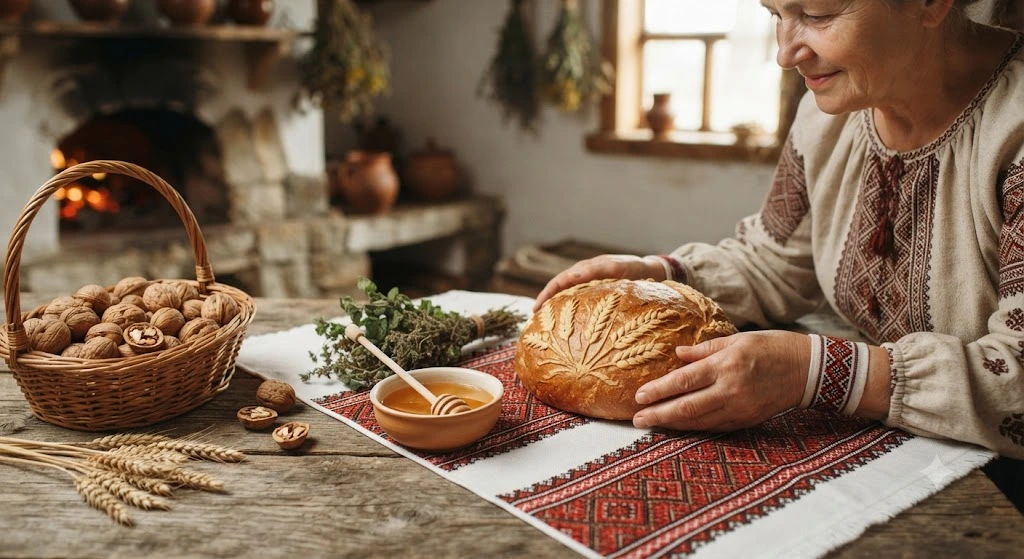 Руки освящают каравай с медом