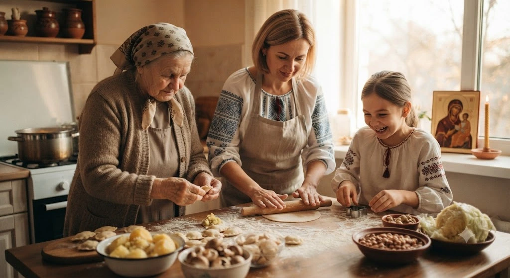 Семья готовит постные вареники