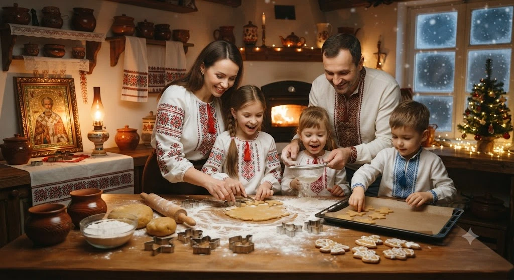 Семья печет рождественское печенье