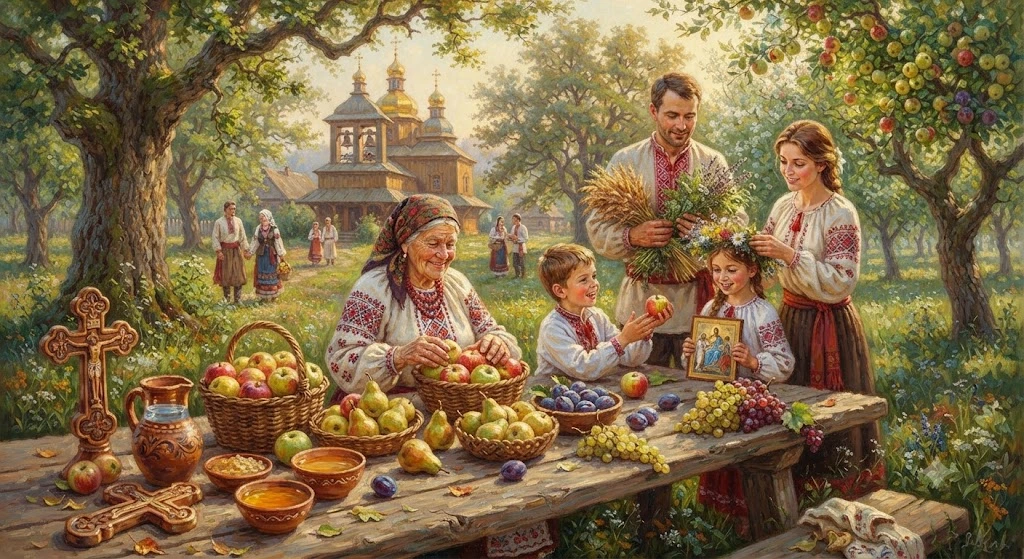 Семья празднует Яблочный Спас