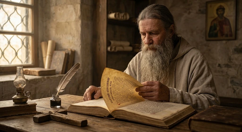 Старий монах читає літопис