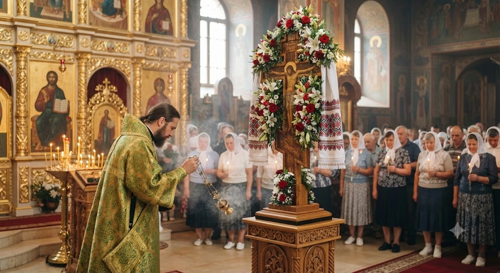Священник кадит украшенный Крест