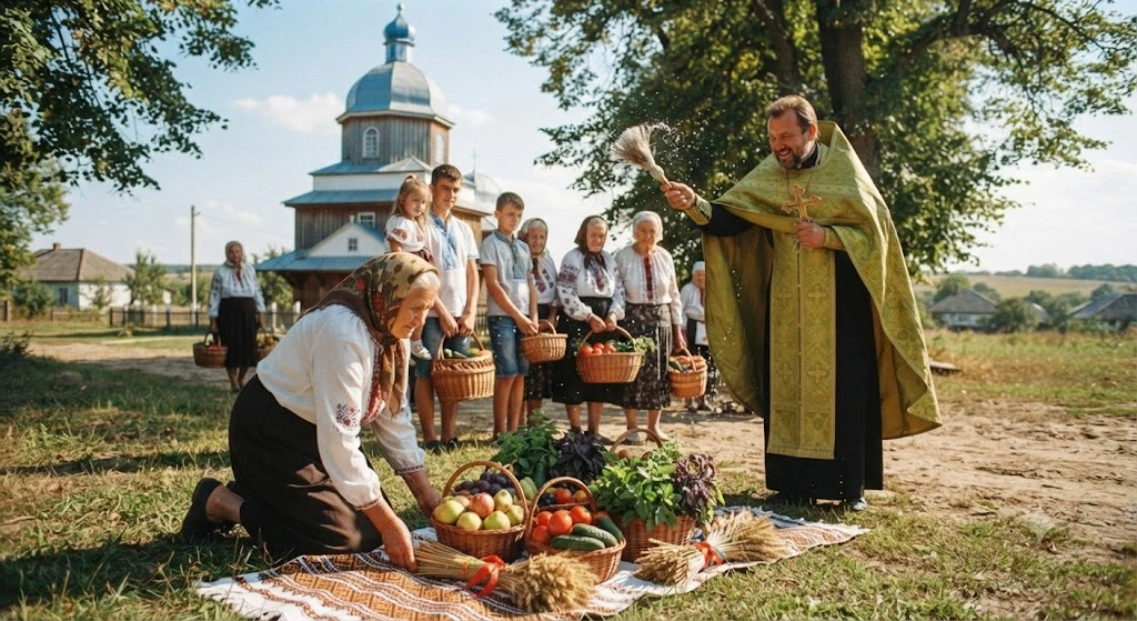 Священник освящает урожай на улице