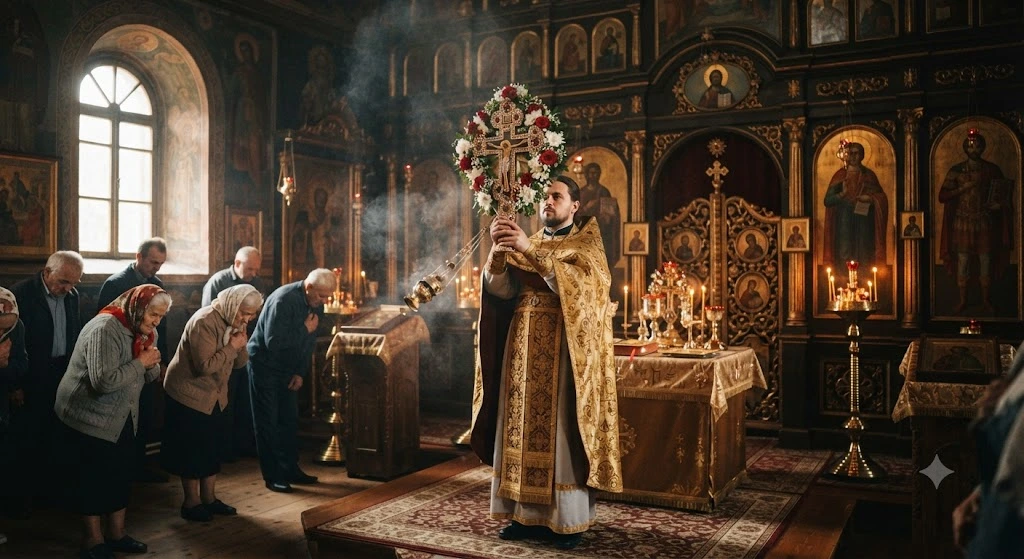 Священник с крестом в церкви