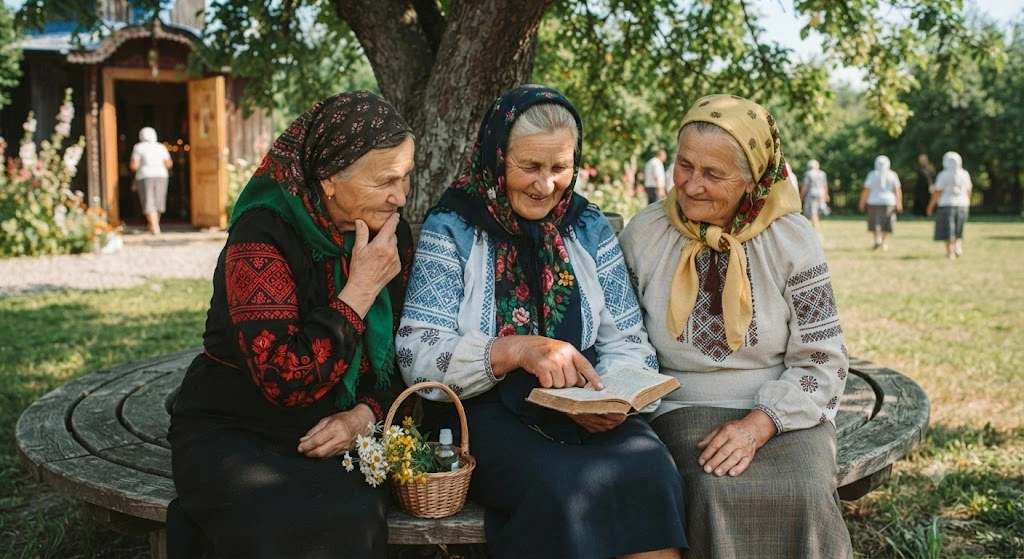 Три бабушки читают книгу
