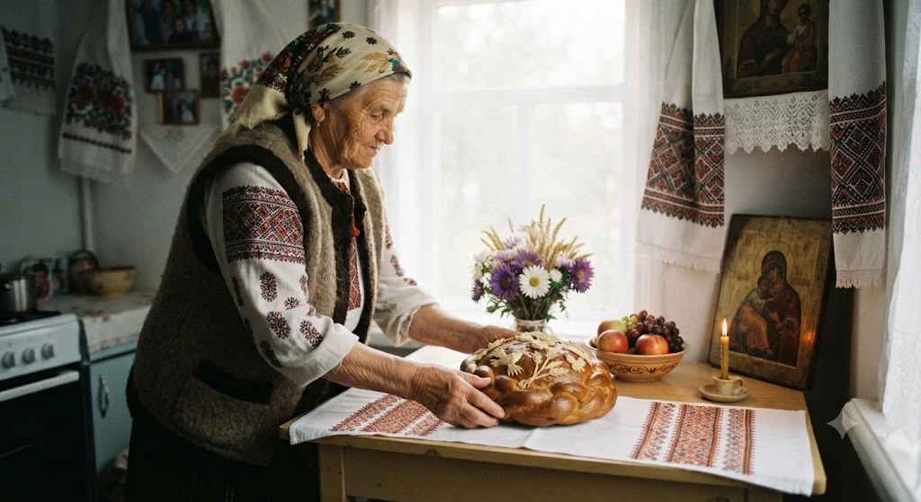 Женщина готовит каравай к празднику