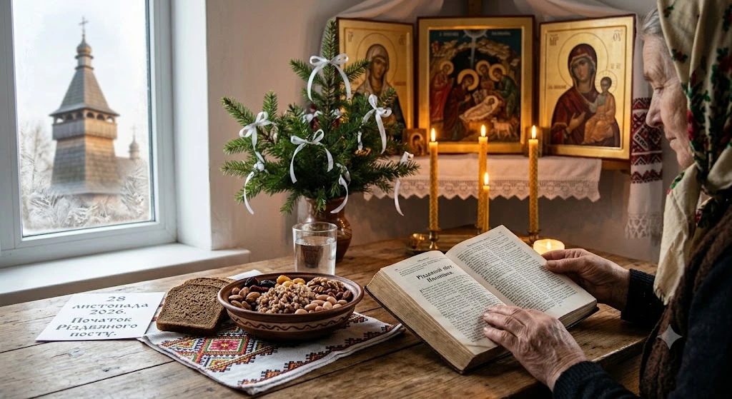 Жінка читає біблію біля ікон