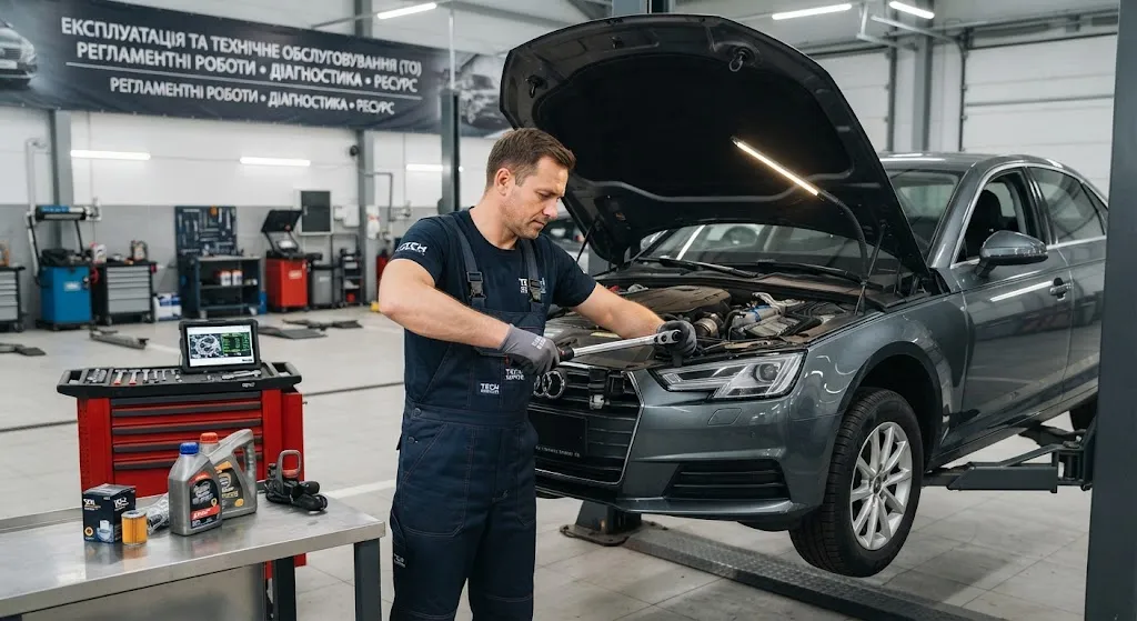 Механик ремонтирует двигатель Audi