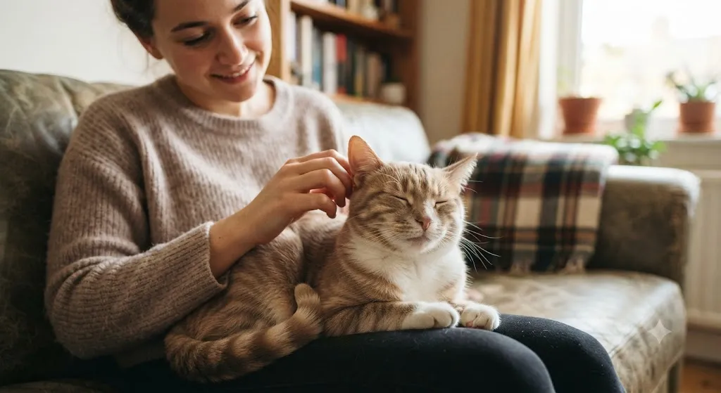 Счастливая женщина гладит мурчащего кота