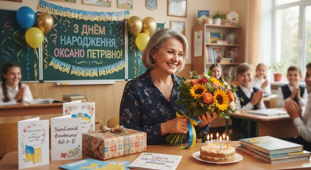 Учительница получает подарок от учеников