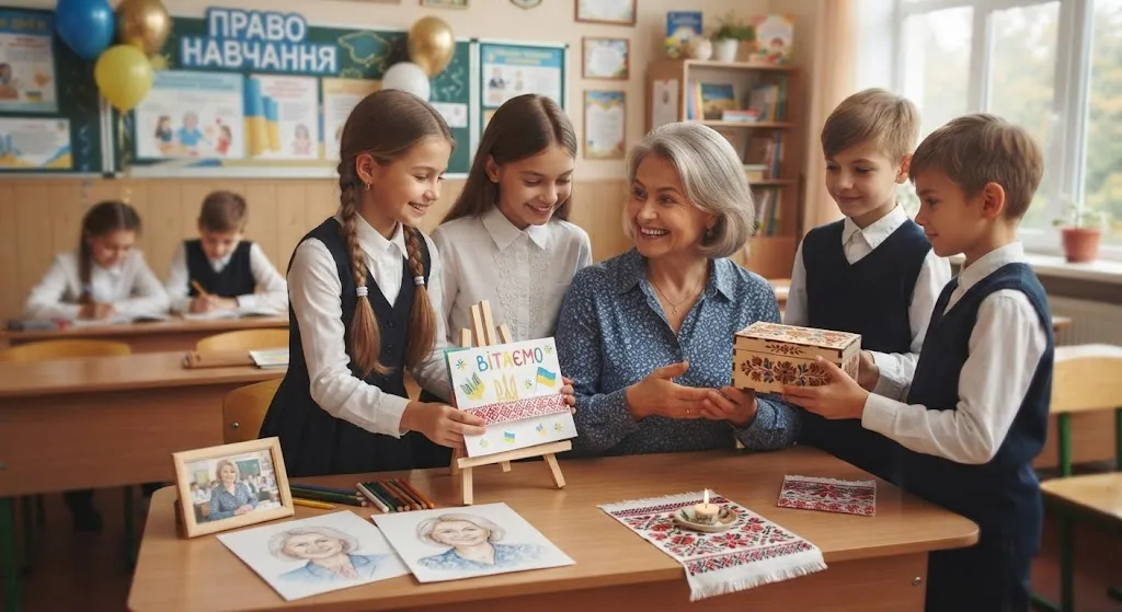 Ученики поздравляют учительницу в классе.